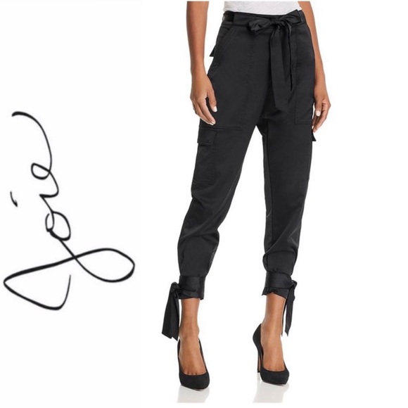 JOIE Erlette Cropped Linen Cargo Pants High Waisted Slouch Waist Ankle Tie Black - Picture 2 of 15